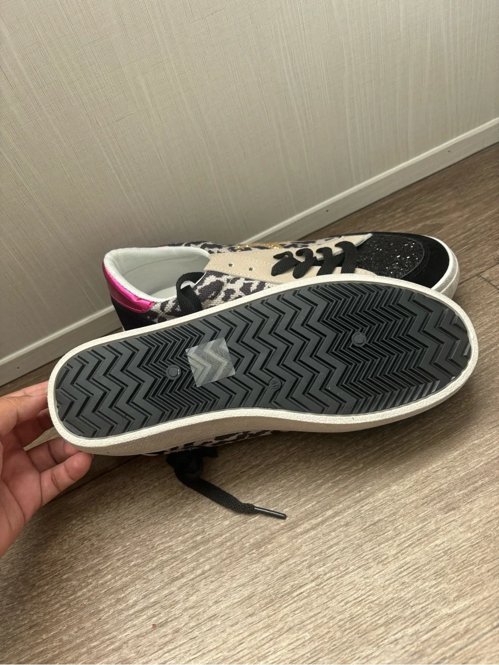 Leopard Print Glitter Star Sneakers - Black, Gold, Pink
